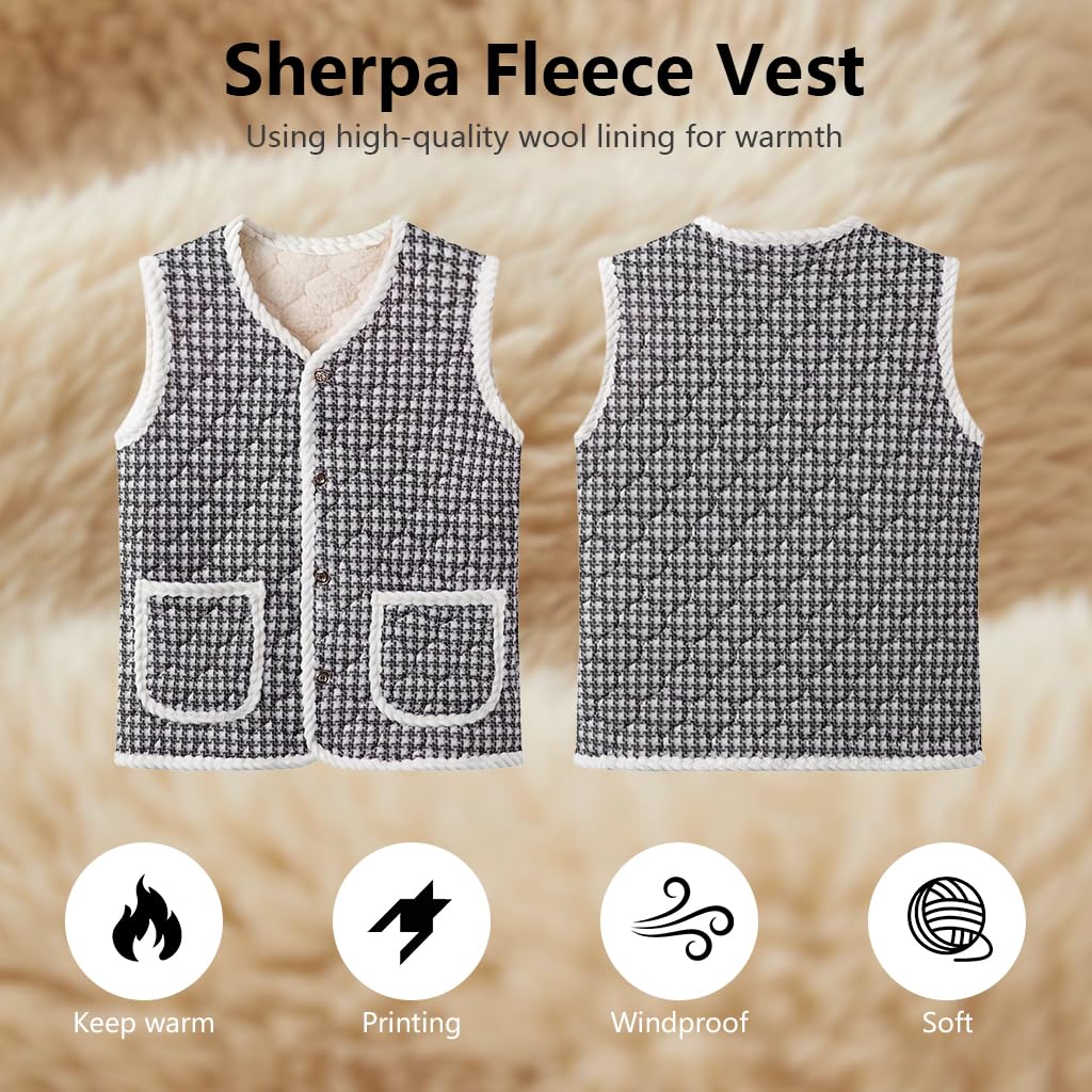 SANNIDHI Women’s Fleece Vest for Winter Layering with Button Front and Houndstooth Print