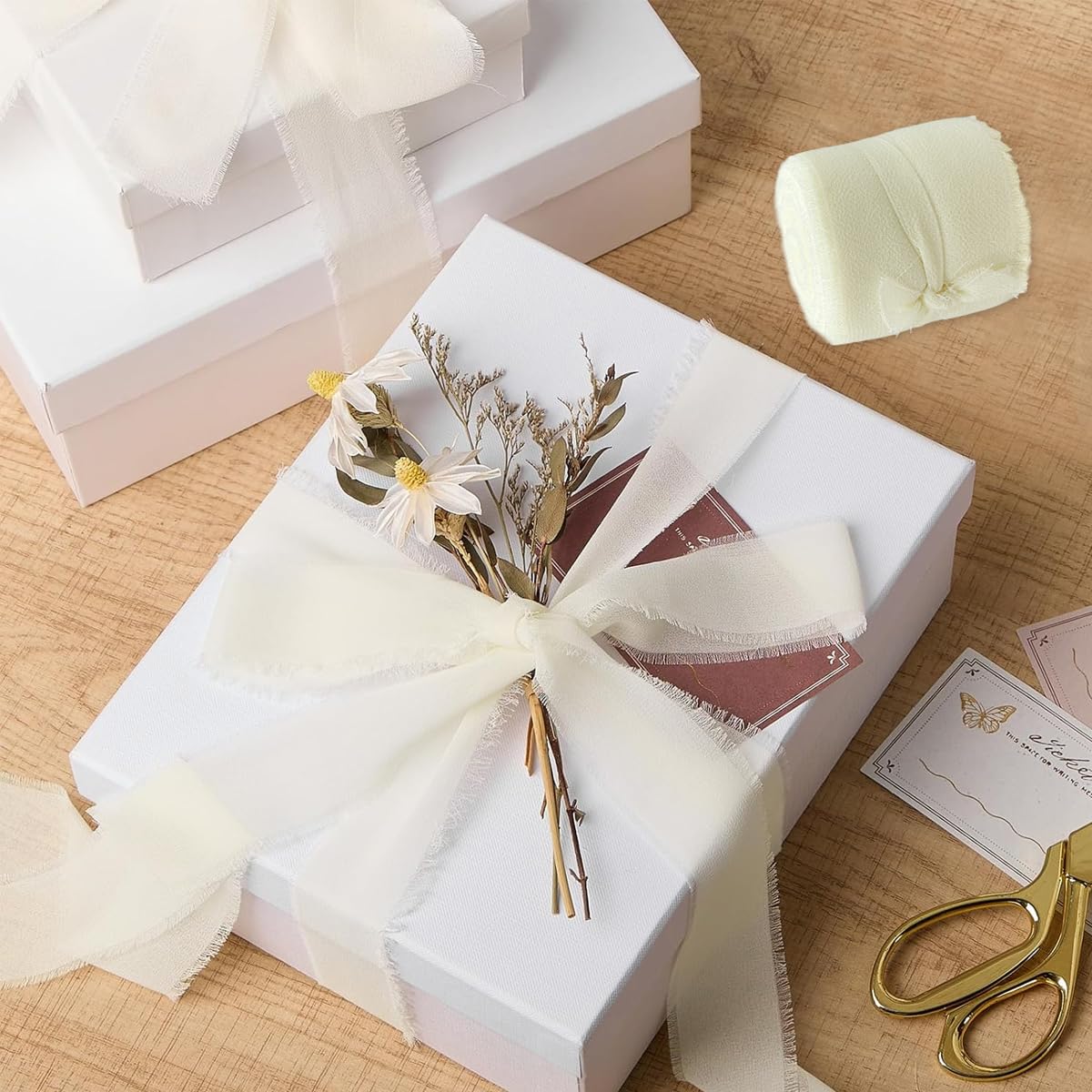 HASTHIP Chiffon Ribbon Set for Wedding and DIY Crafts featuring 3 Rolls 1.5in x 7yd Beige