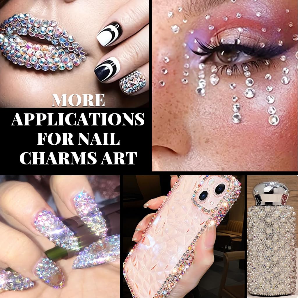 MAYCREATE 3D Nail Charms Kit for DIY Nail Art with 24 Grid Storage Box | Includes Rhinestones and Pearls