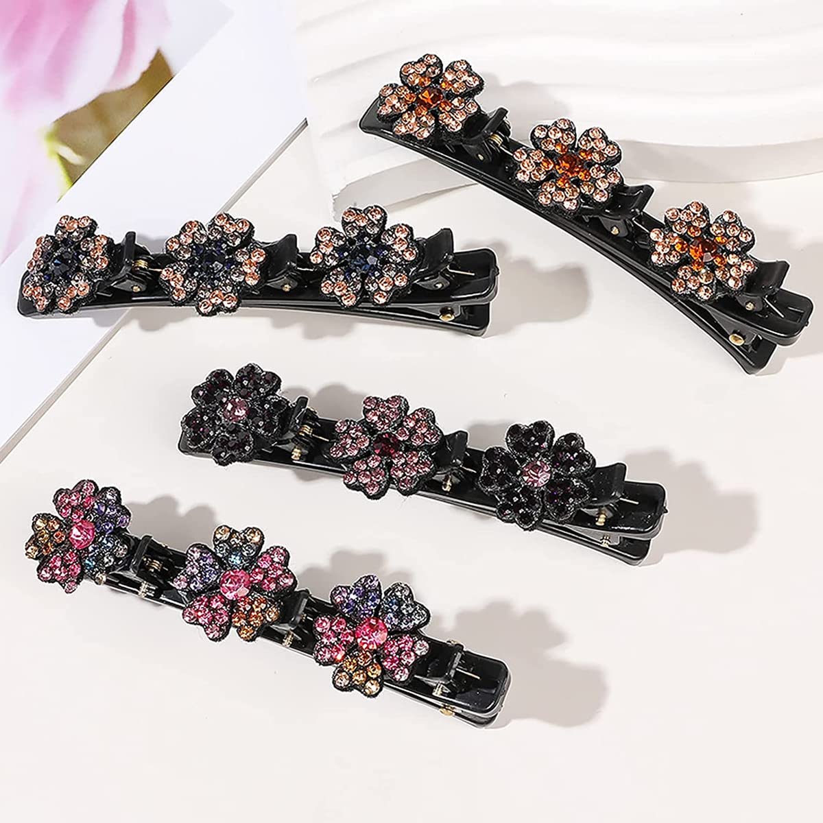 PALAY Sparkling Braided Hair Clips for Girls with Crystal Stones and Metal Spring | 4Pcs Multi Color Styling Accessories