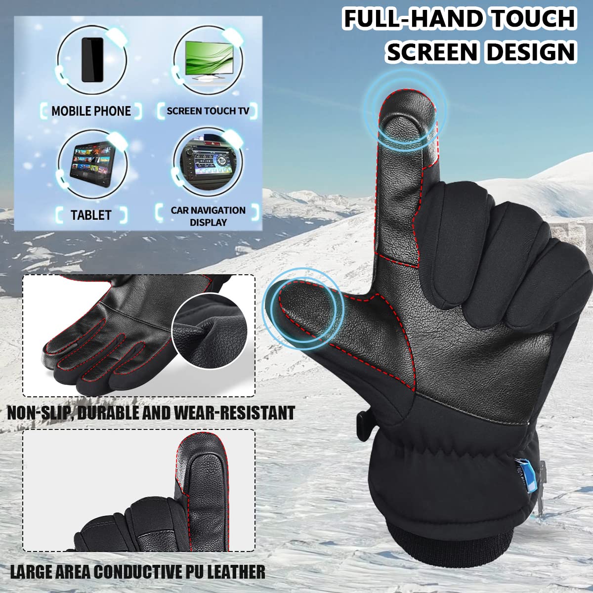 Gustave Winter Gloves for Skiing and Riding with Anti Slip PU Palm and Touchscreen Tips | 12cm Palm Fit