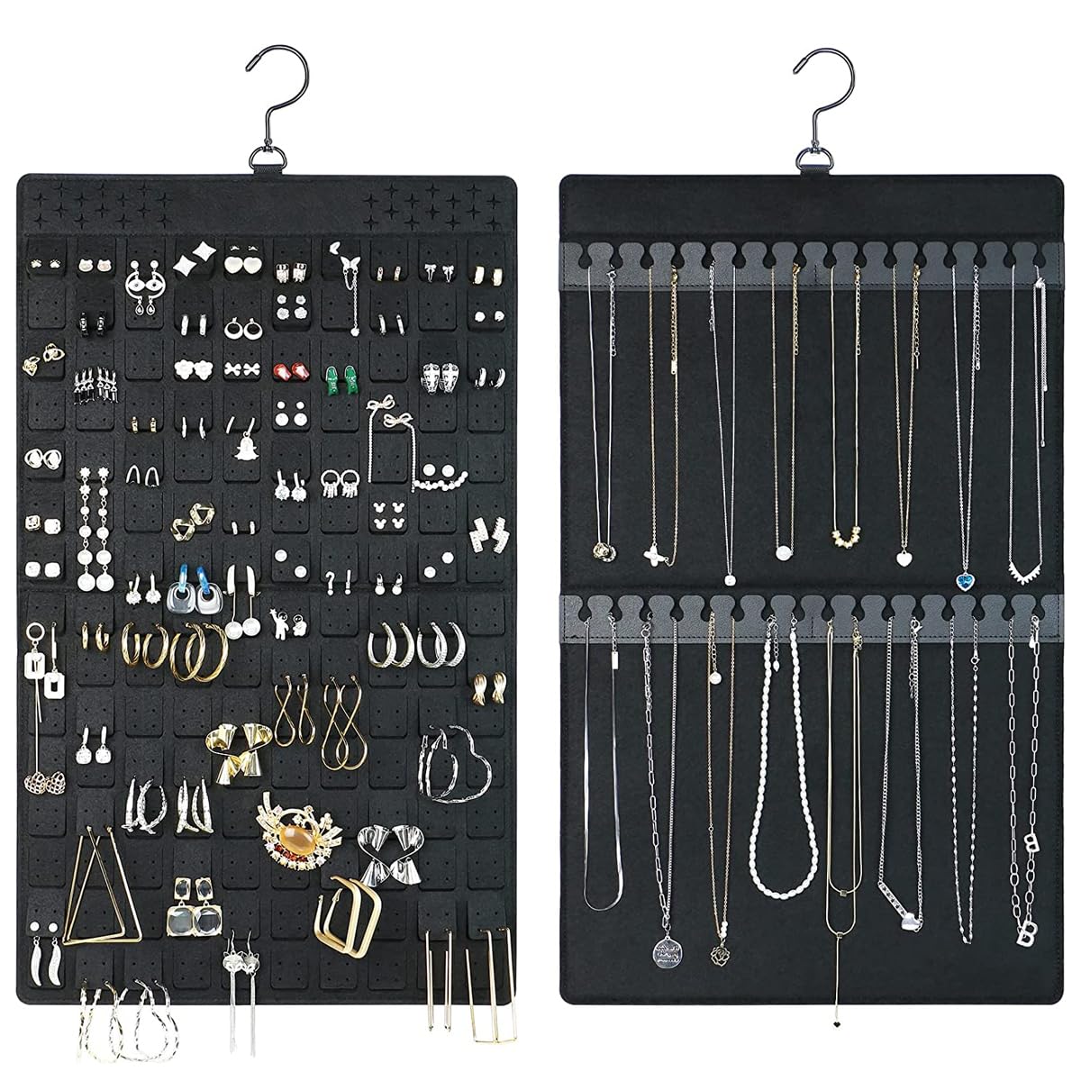 HASTHIP® Hanging Jewellery Organisers, Dual-Sided Necklace & Earrings Organizer, Large Felt Jewelry Organizer Hanger For Closet, Wall, Door - Holds Up To 300 Pairs Of Earrings And 30 Necklaces, Black