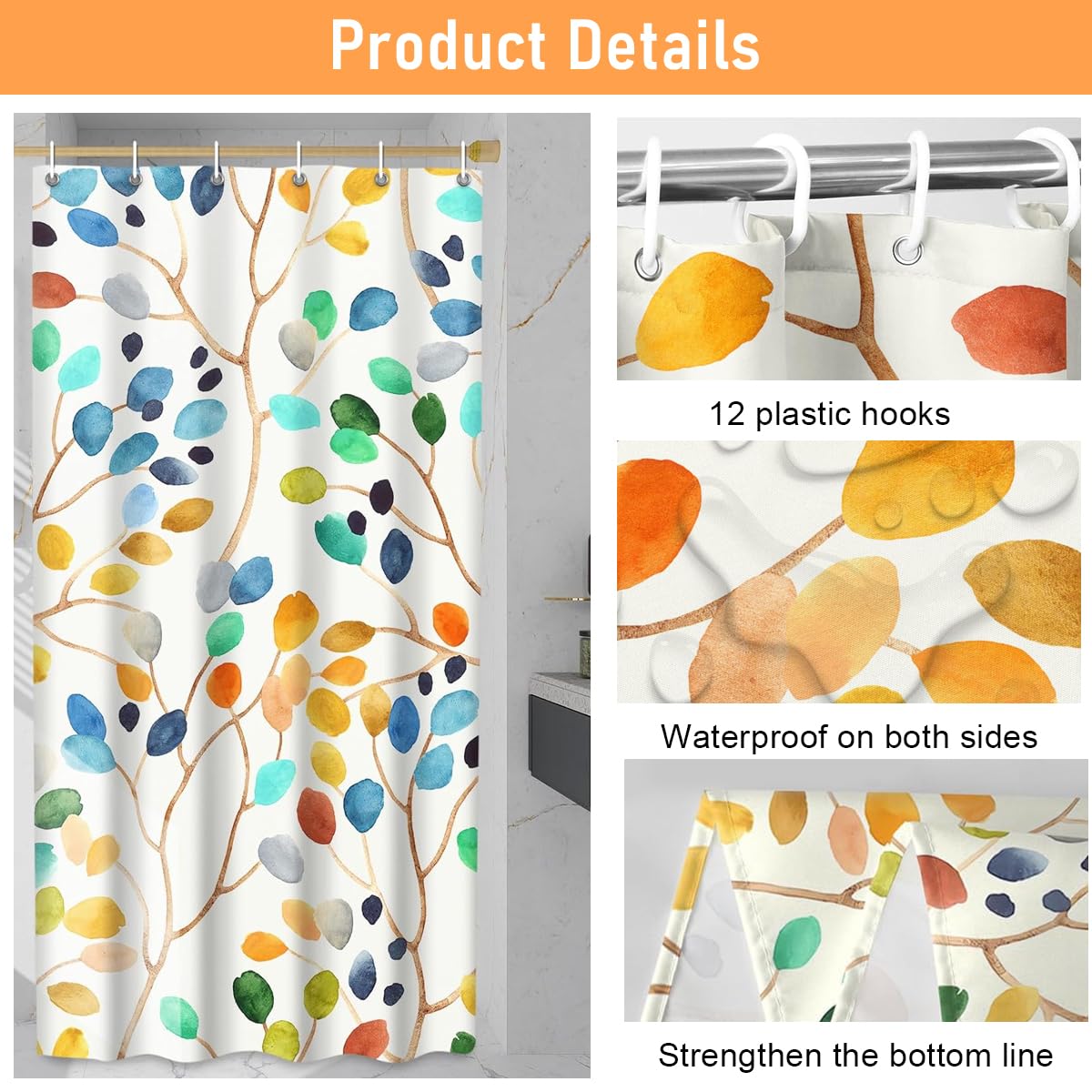 HASTHIP Boho Leaf Bathroom Set for Modern Indian Homes featuring Waterproof Curtain | 3-Piece Combo with Toilet Cover and Absorbent Mat