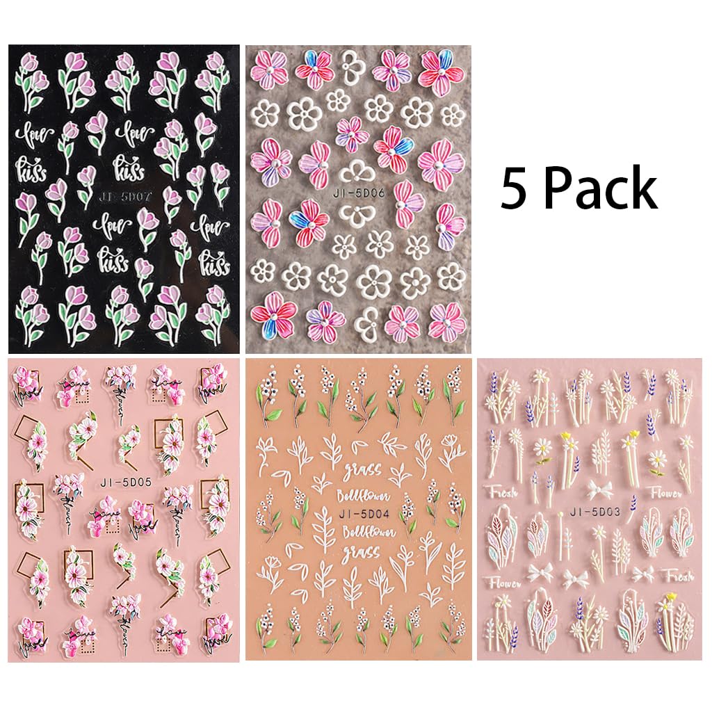 MAYCREATE® 5 Sheets Nail Art Decor Stickers 3D Embossed Flower Charms for Nail Art 5 Styles Flower Nail Charm Sticker for DIY Nail Extension Self-Adhesive Nail Art Decals