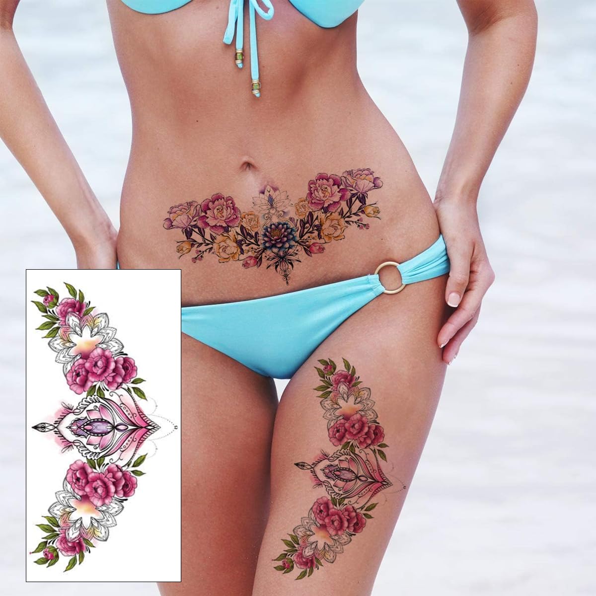 MAYCREATE® 10 Sheet Floral Tattoo Sticker Large Temporary Tattoo for Women, Rose Flower Haif Arm Band Tattoo, Waterproof Enchanting Body Art Tattoo Stickers for Neck, Waist, Back