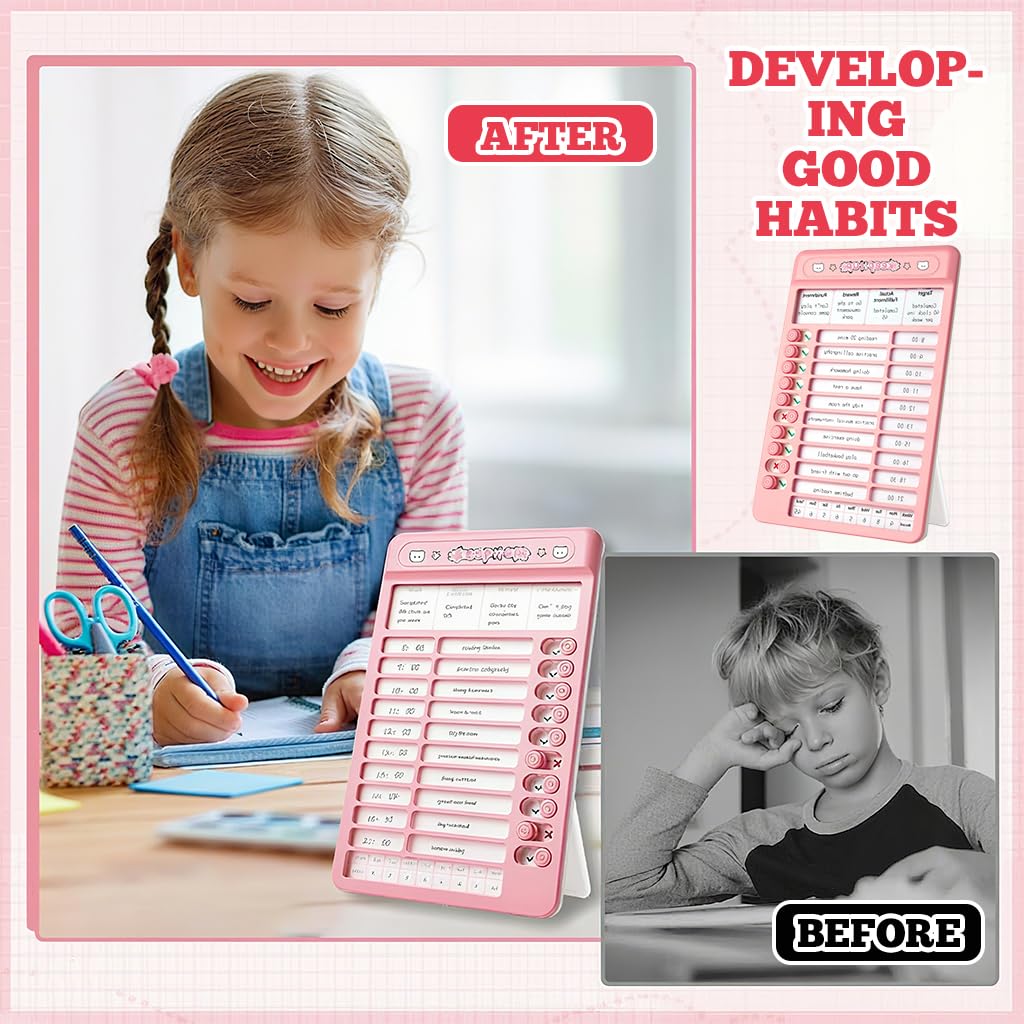 ZIBUYU Dry Erase Chore Chart Board for Kids and Teens with 15 Reusable Sheets featuring Slider Checklist | Dual Placement Options in Pink