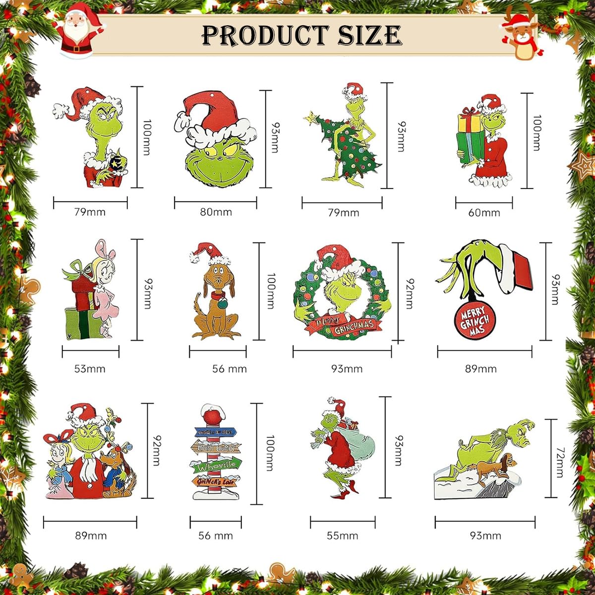 HASTHIP Christmas Tree Wooden Ornaments 24pcs with Hanging Loop for Home Decor | Grinch Theme