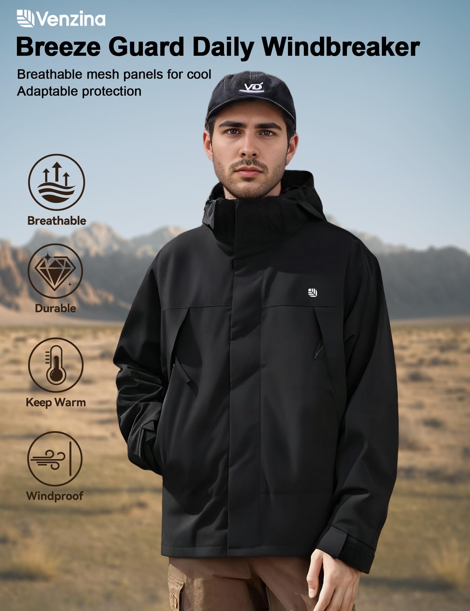 Venzina Men's Windproof Hiking Jacket for Trekking with Breathable Mesh Liner | Black-L