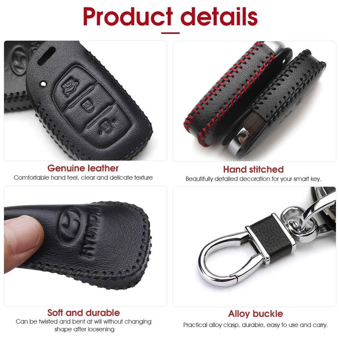 GUSTAVE Car Key Case for Hyundai 3 Button Smart Key with Keychain featuring Soft Leather Cover