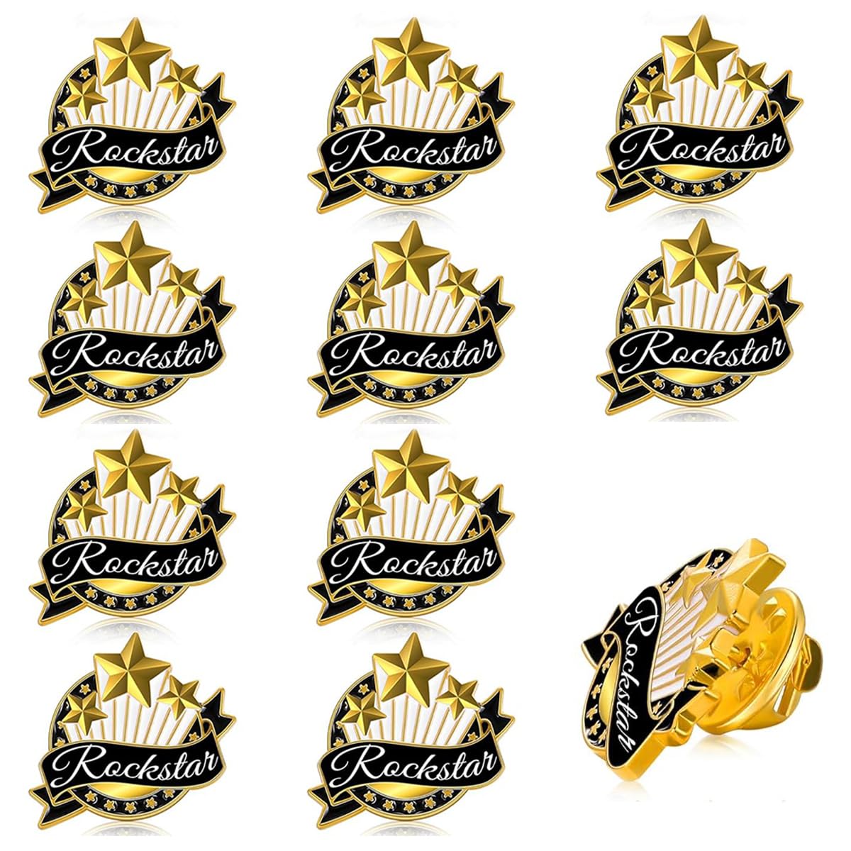 SANNIDHI Employee of The Month Lapel Pin Set for Recognition Programs with Pinback Mechanism and Alloy Build | 10Pcs Rock Star Enamel Brooch