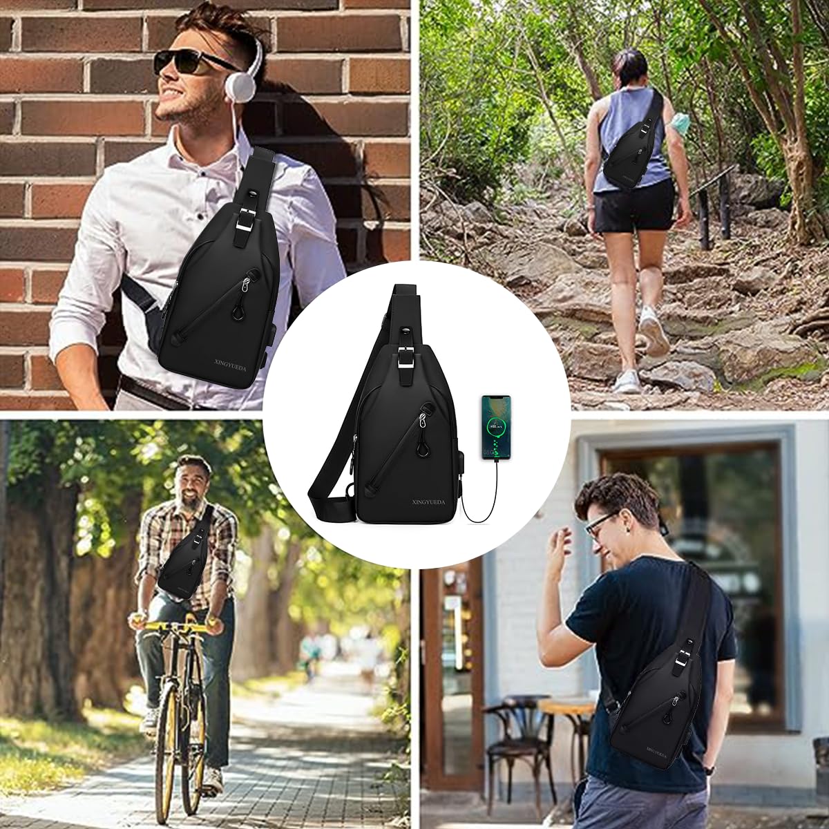 GUSTAVE Sling Bag for Men with Adjustable Strap and Anti Theft Buckle 16×7×32cm Black