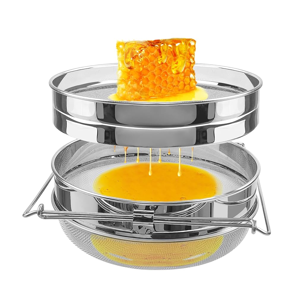 HASTHIP® Honey Strainer 40 Mesh & 60 Mesh Double Sieve Strainer 304 Stainless Steel Honey Sieve Colander with Retractable Handle Utility Kitchen Sieve Strainer for Broths, Seasonings