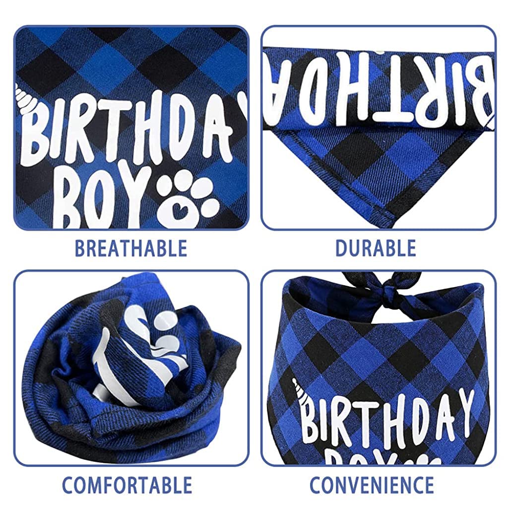 Qpets Dog Gifts Hat and Bandana Set for Birthday Parties with 60cm Plaid Scarf | Blue 3PCS