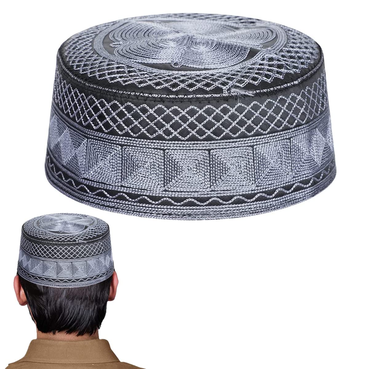 GUSTAVE® Muslim Cap for Men Islamic Prayer Skull Cap Muslim Eid Prayer Embroidered Kufi Fat Ramadan Mosque Arab Indian Prayer Cap Grey