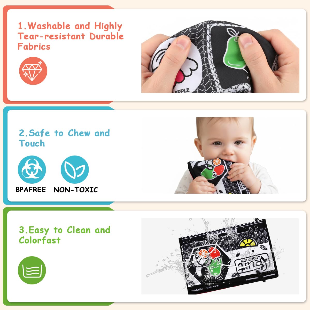 SNOWIE SOFT Baby Cloth Book Toy for Tummy Time with Crinkle Pages Mirror and Teether | Travel Friendly