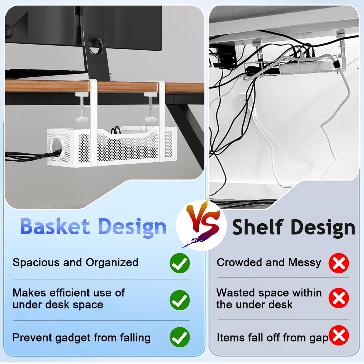 Climberty Under Desk Cable Management Tray with Clamp for Office Use 13x4.7x3.1 in White