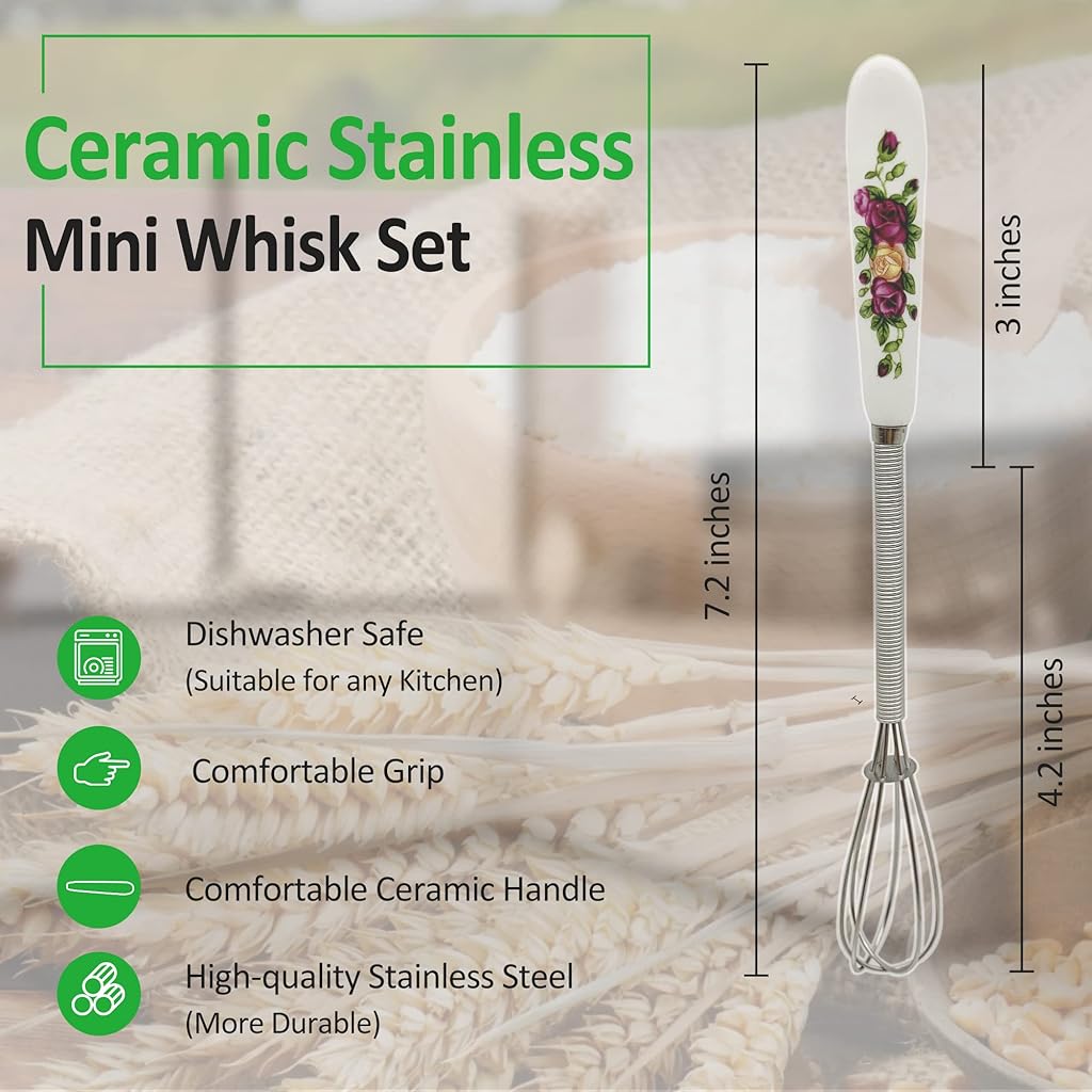 ZIBUYU® Hand Whisk for Kitchen Mixer Blender Stainless Steel Mini Whisk Grinder Small with Ceramic Handle 7 inch 1 Pc 3PCS
