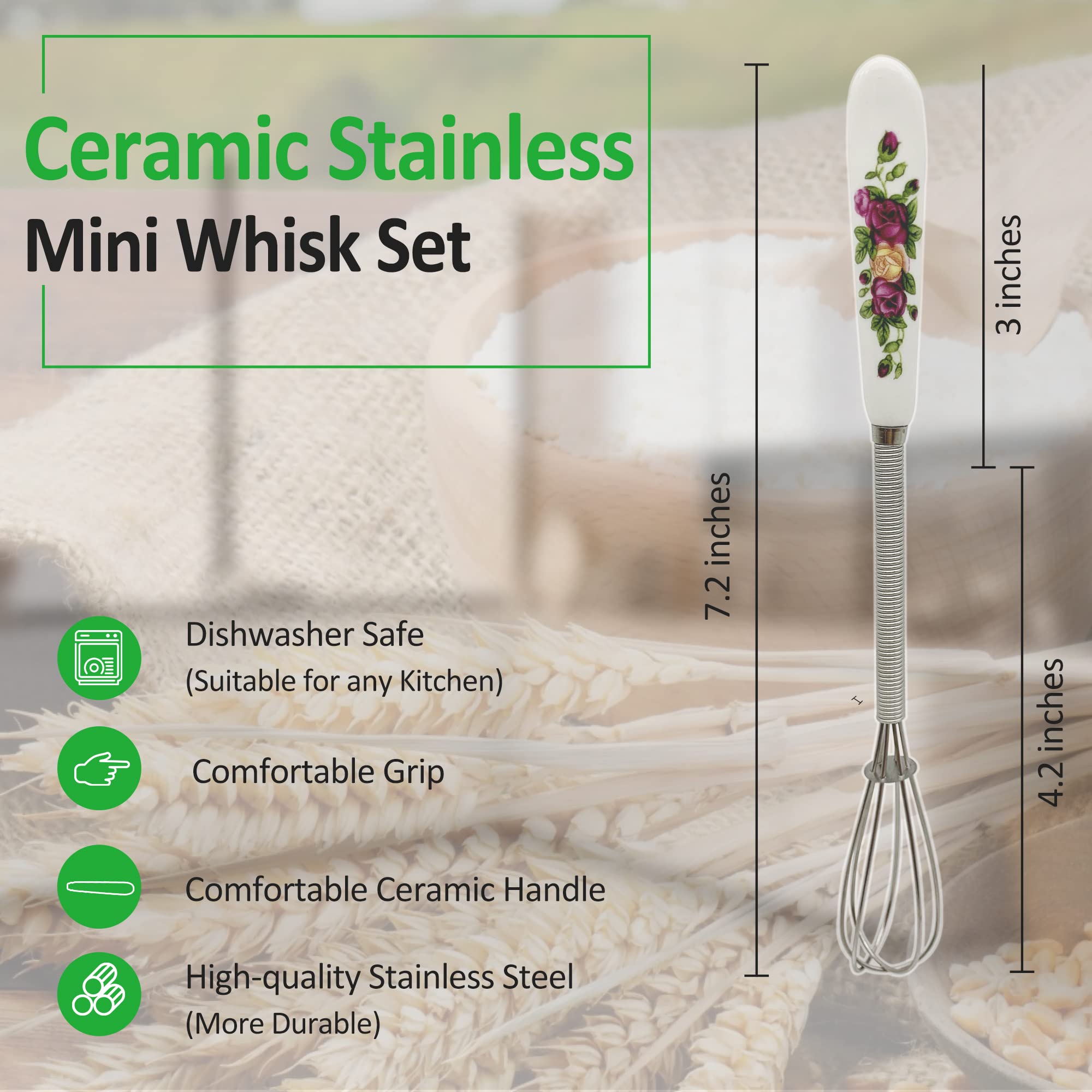 ZIBUYU Hand Whisk for Kitchen featuring Ceramic Handle with Floral Print 7 in | Stainless Steel