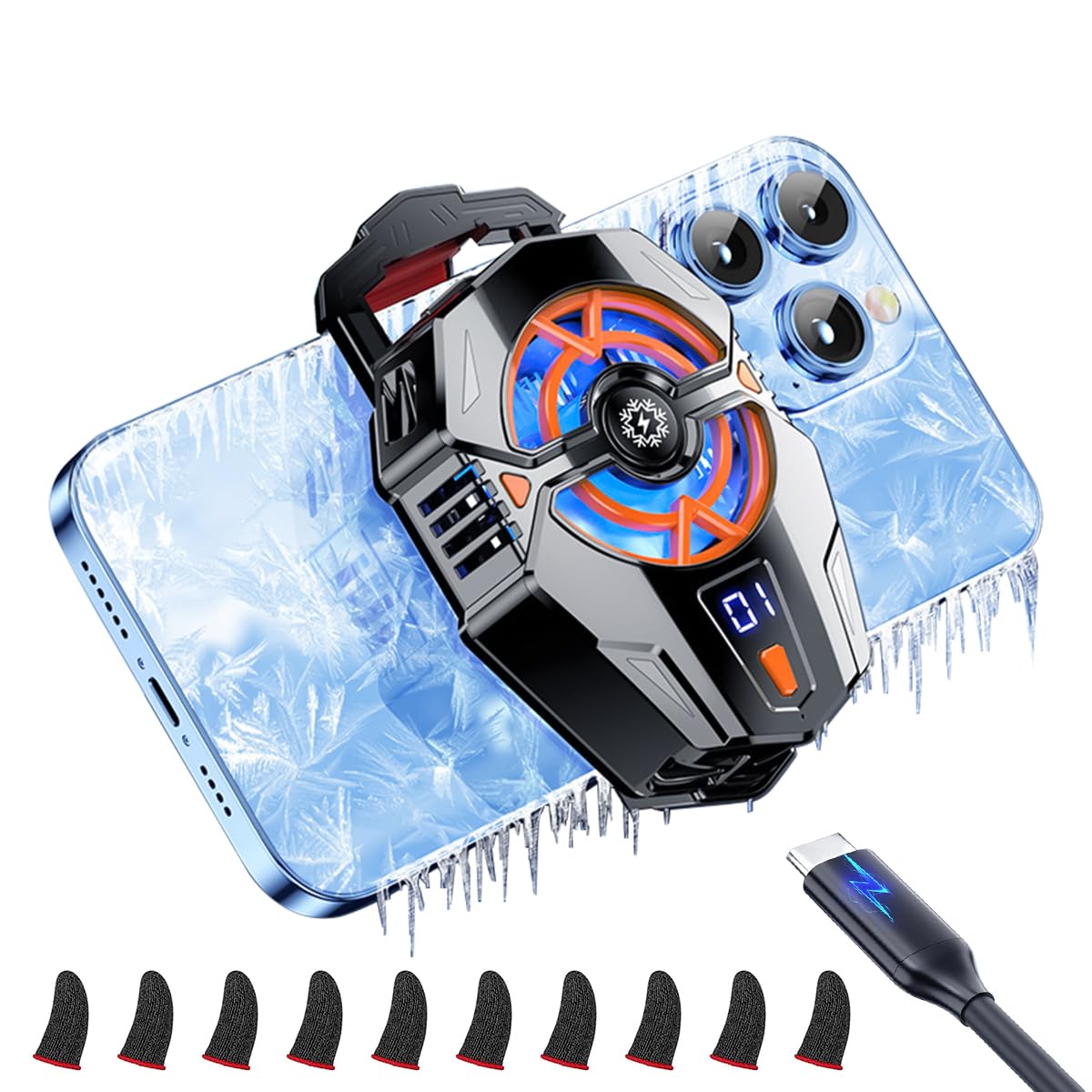 ZORBES Phone Cooler Gaming Fan, 3 Speed Adjustable Gaming Phone Cooling Fan with Digital Display and 5 Pairs Finger Covers, Phone Cooler for iOS & Android Smartphones from 4.5 to 6.7 in for Live Streaming