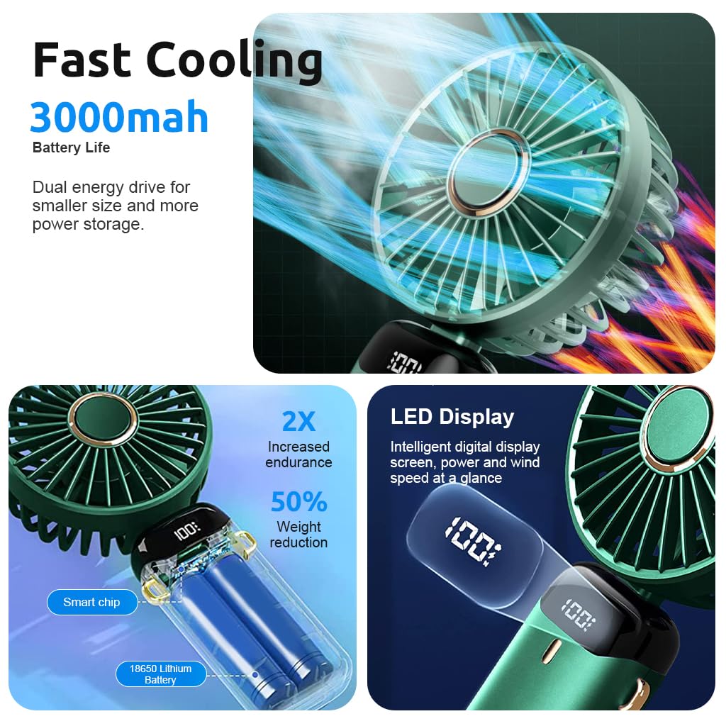 HASTHIP® Hand Fan Mini Handheld Fan 3000mAh Rechargeable with 5 Speeds, Battery Operated Mini Fan Foldable Desk Desktop Fans with LED Display for Home Office Bedroom Outdoor Travel (Green)