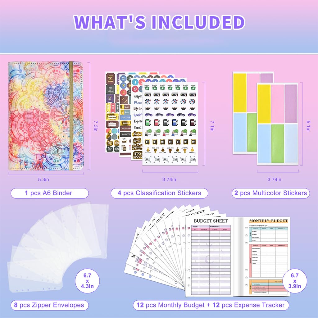 HASTHIP File Folders for Documents featuring A6 Ring Binder with 6 Metal Rings and PU Cover | Budget Sheets and Cash Envelopes Set