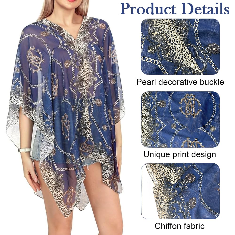 SANNIDHI Beachwear Cover Up for Women with Sheer Chiffon Floral Print and Faux Pearl Buttons | Above Knee Kaftan Shawl for Swimsuit