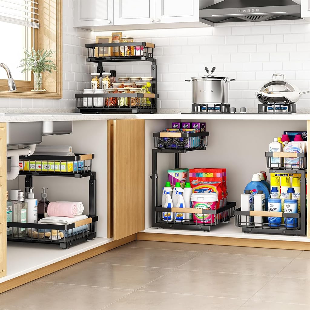Supvox Kitchen Organizer Rack for Countertop and Under Sink Storage featuring 42–49cm Adjustable Double Layer Carbon Steel Stand