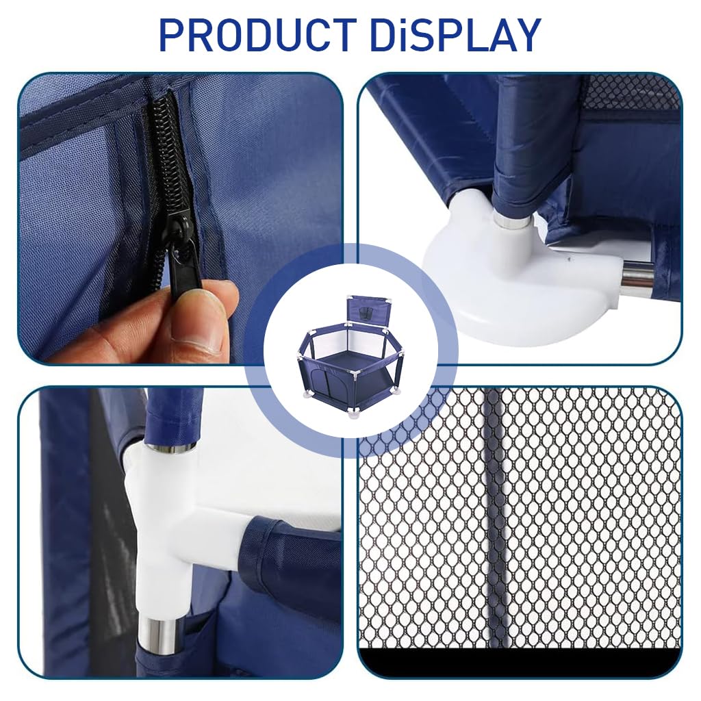 SNOWIE SOFT Baby Playpen for Indoor Play Area with Basketball Frame & Zipper Gate | Breathable Mesh Hexagon Yard for Babies and Toddlers