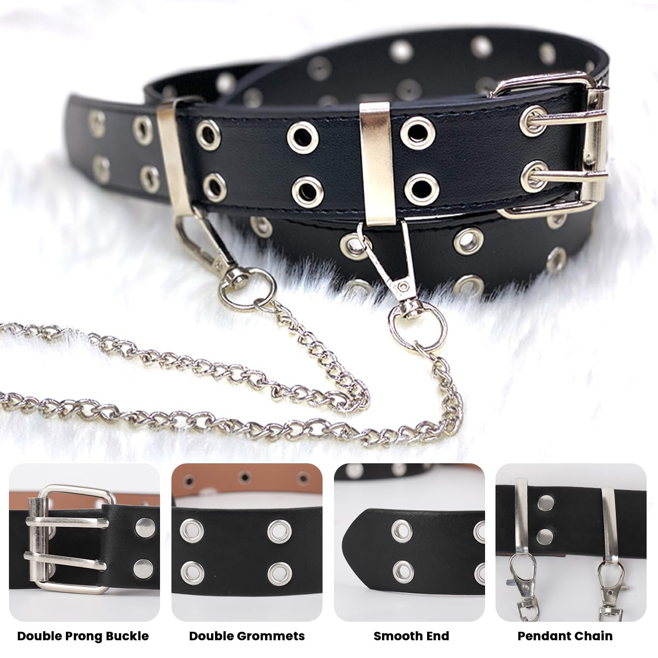 SANNIDHI Belt for Women featuring Dual Row Metal Eyelets and Chain in Black PU Leather