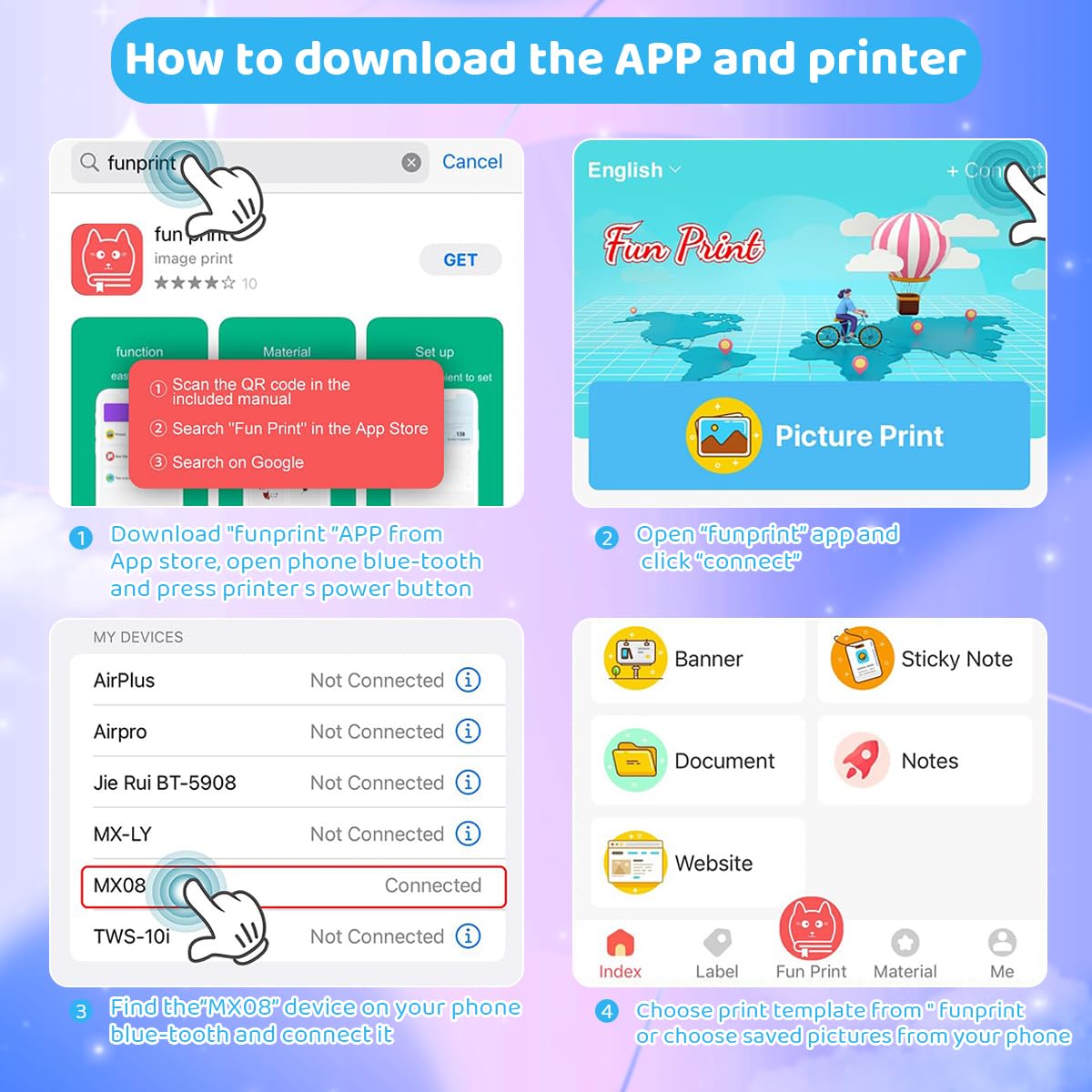 ZEITEL Mini Bluetooth Thermal Printer for Android and iOS with 200DPI Inkfree Print | 10 Roll Paper Gift for Kids