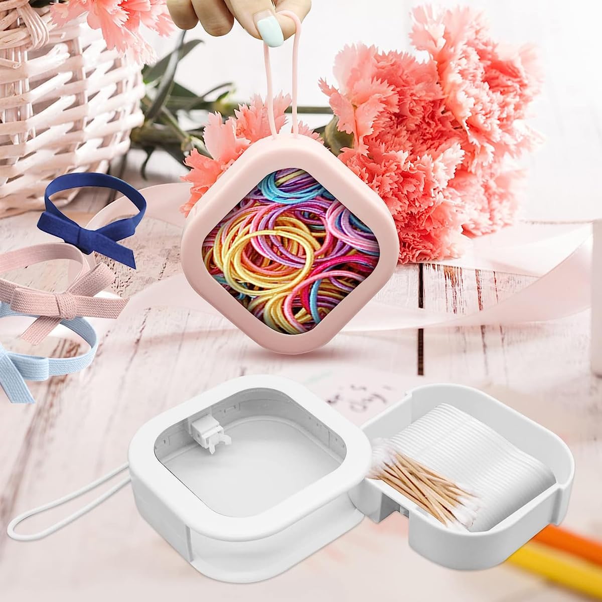 MAYCREATE Accessories Organizer Box for Travel with Transparent Cover 9.5×9.5×3cm | 2pcs Storage Case for Rings Hair Clips and Cotton Swabs