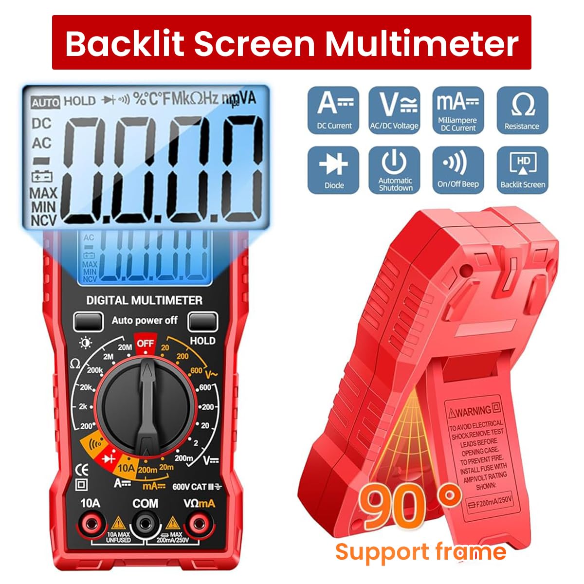 Serplex® Digital Multimeter Tester 2000 Counts Measures AC/DC Voltage, DC Current Ohm Amp Meter, Professional Multimetro Auto Voltmeter with Resistance, Diodes, Buzzer (Battery not included)