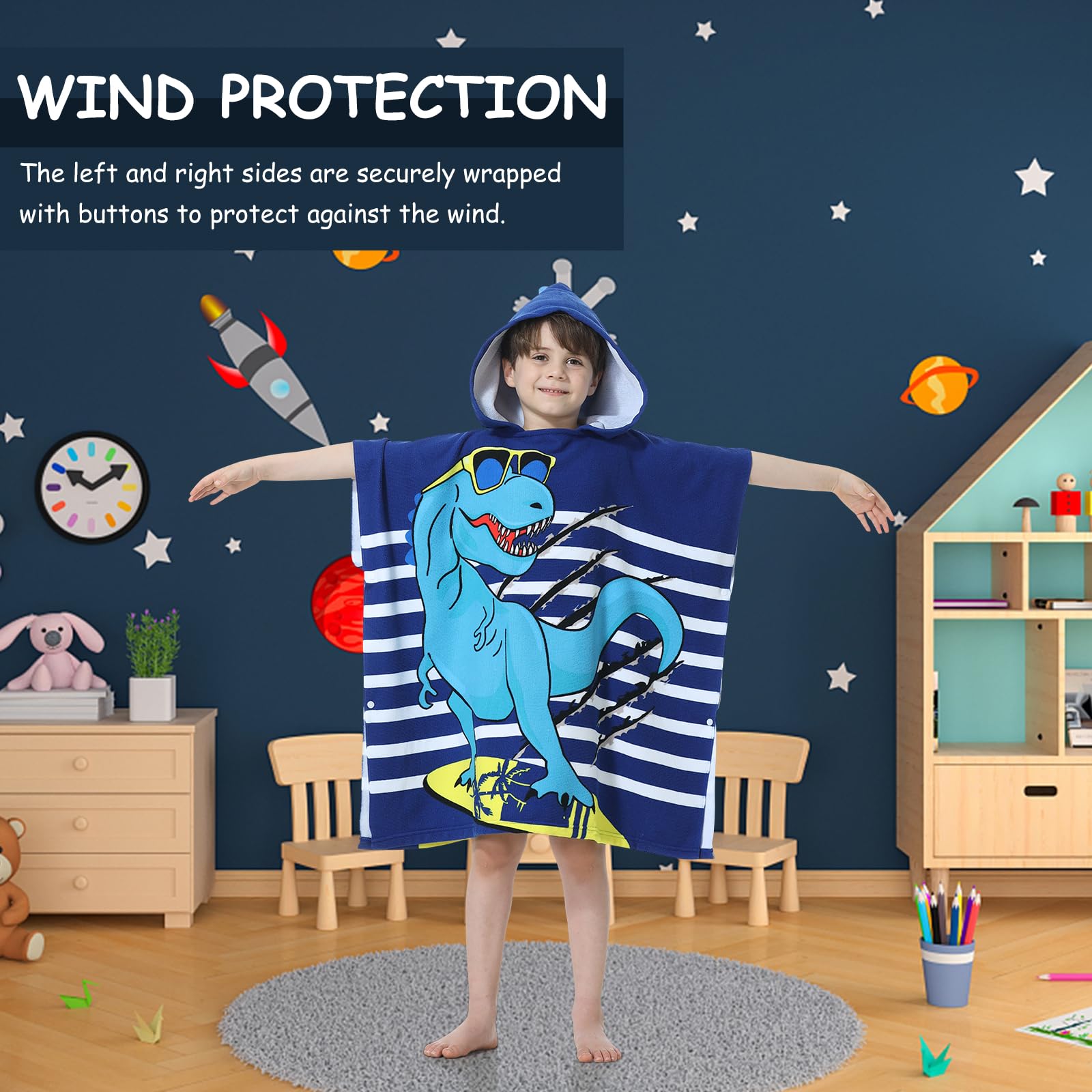 SNOWIE SOFT Kids Hooded Bath Towel for Boys featuring Blue Dino Print and Drawstring Bag 75 x 150 cm