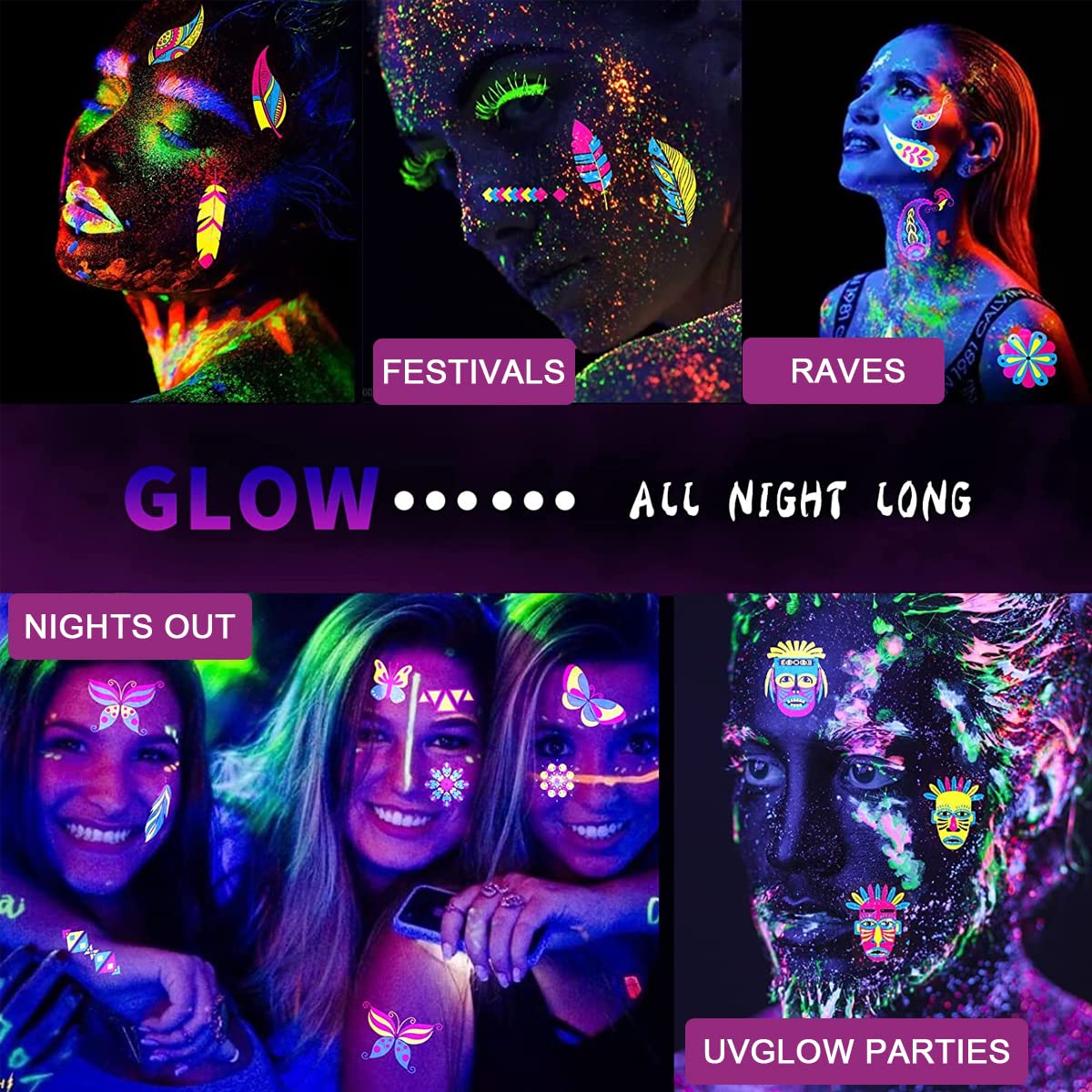 MAYCREATE® 10 Sheets Temporary Tattoo Stickers Night Glow in the Dark Sticker, 80+ Styles Waterproof UV Neon Stickers, Body Face Fake Tattoos for Women Men Kids Rave Festival Party