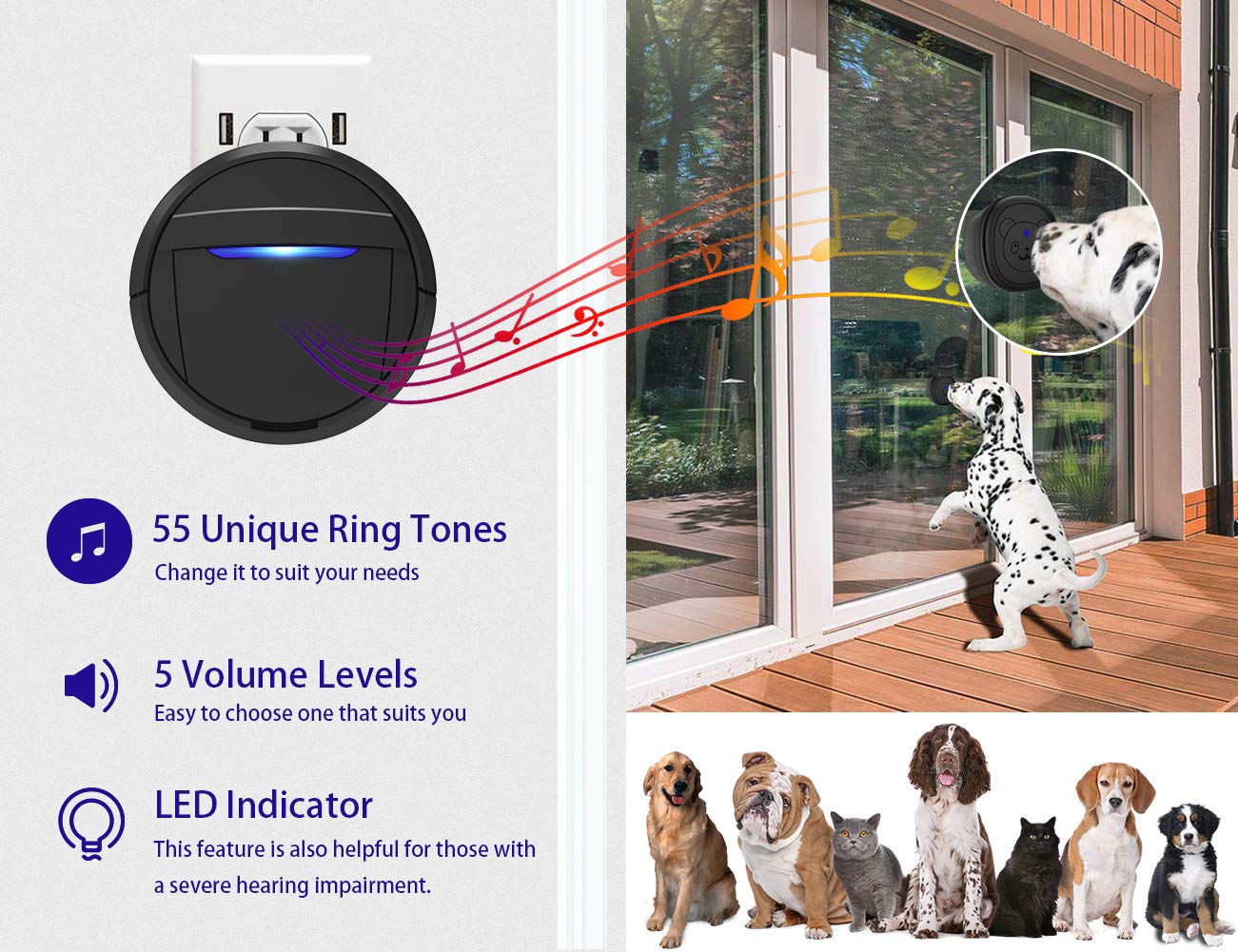 Supvox Door Bell for Home Electrical SOS Emergency Touch Button Alarm Wireless Door Bell Waterproof IP44 Ding Dong Bell with Catching Eye Flash Light Smart Door Bells 55 Ringtones and 5 Level Volume