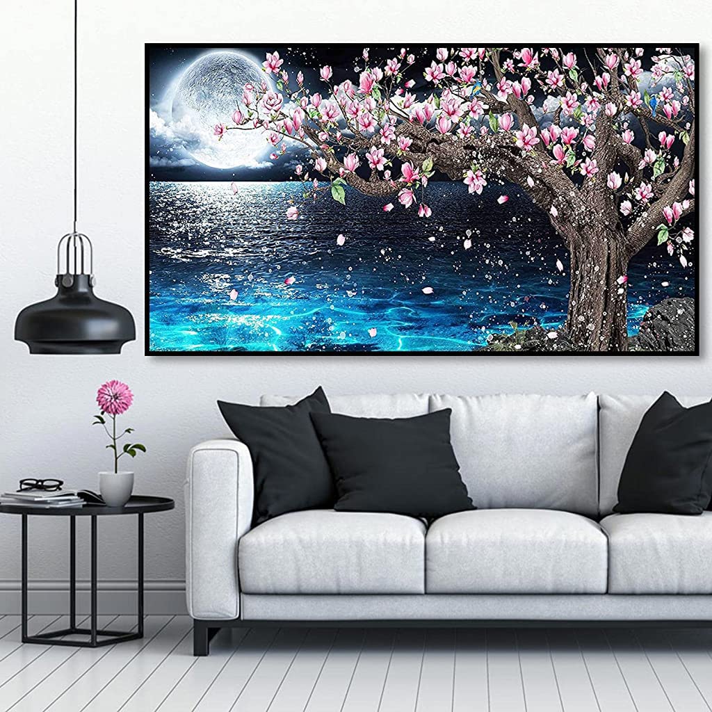 HASTHIP® 5D Diamond Painting Kit, 27.5 X 15.7inch Large Size Lake Moon Diamond Painting Kits for Adults, DIY Full Drill Crystal Rhinestone Arts and Crafts, Art Diamond Painting for Home Wall Decor