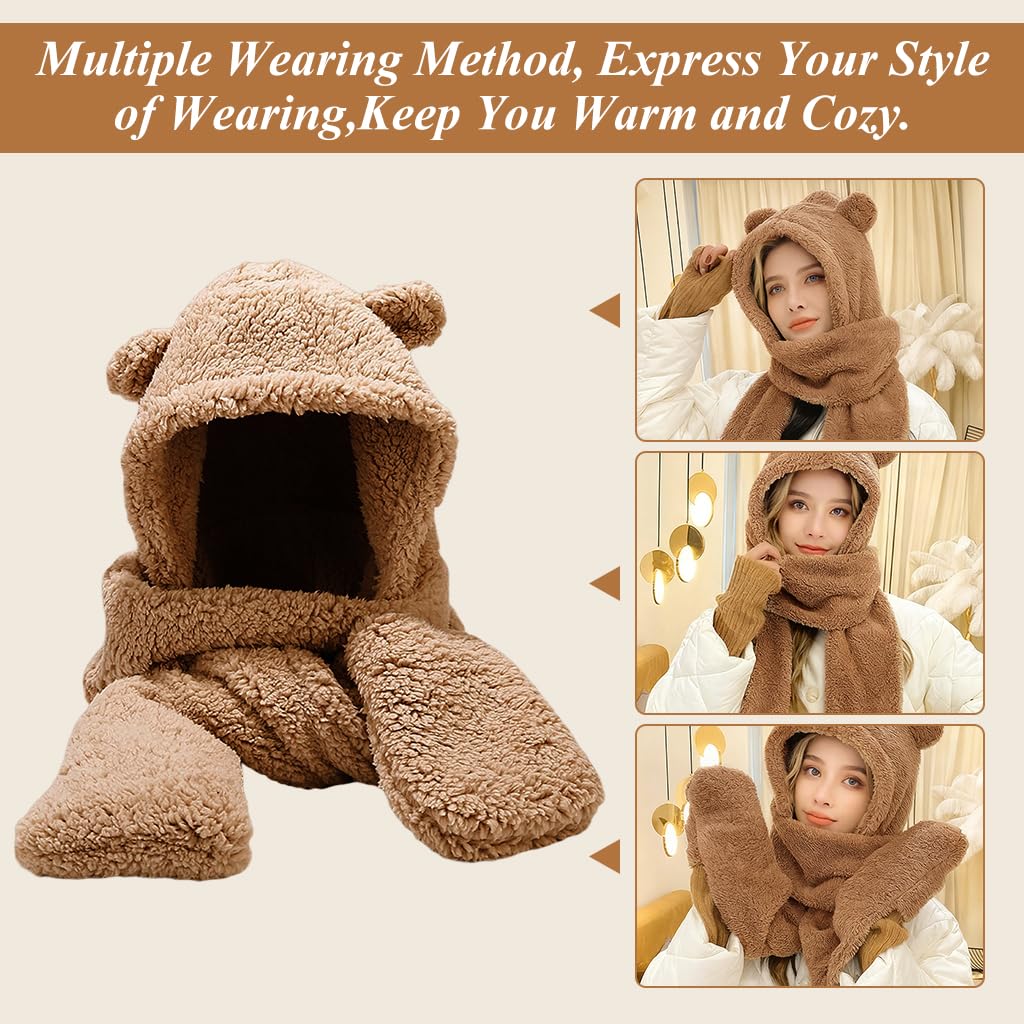 SANNIDHI Winter Cap for Women featuring Bear Ear Scoodie with Fleece Scarf and Gloves | Cozy Gift