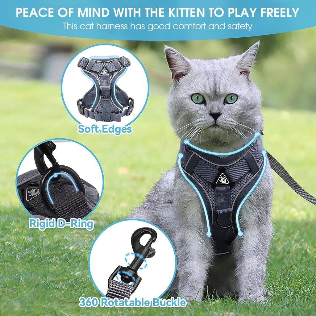 Qpets Cat Vest Harness for Walking with 1.5m Leash and 360° Swivel | Adjustable Breathable Grey Design