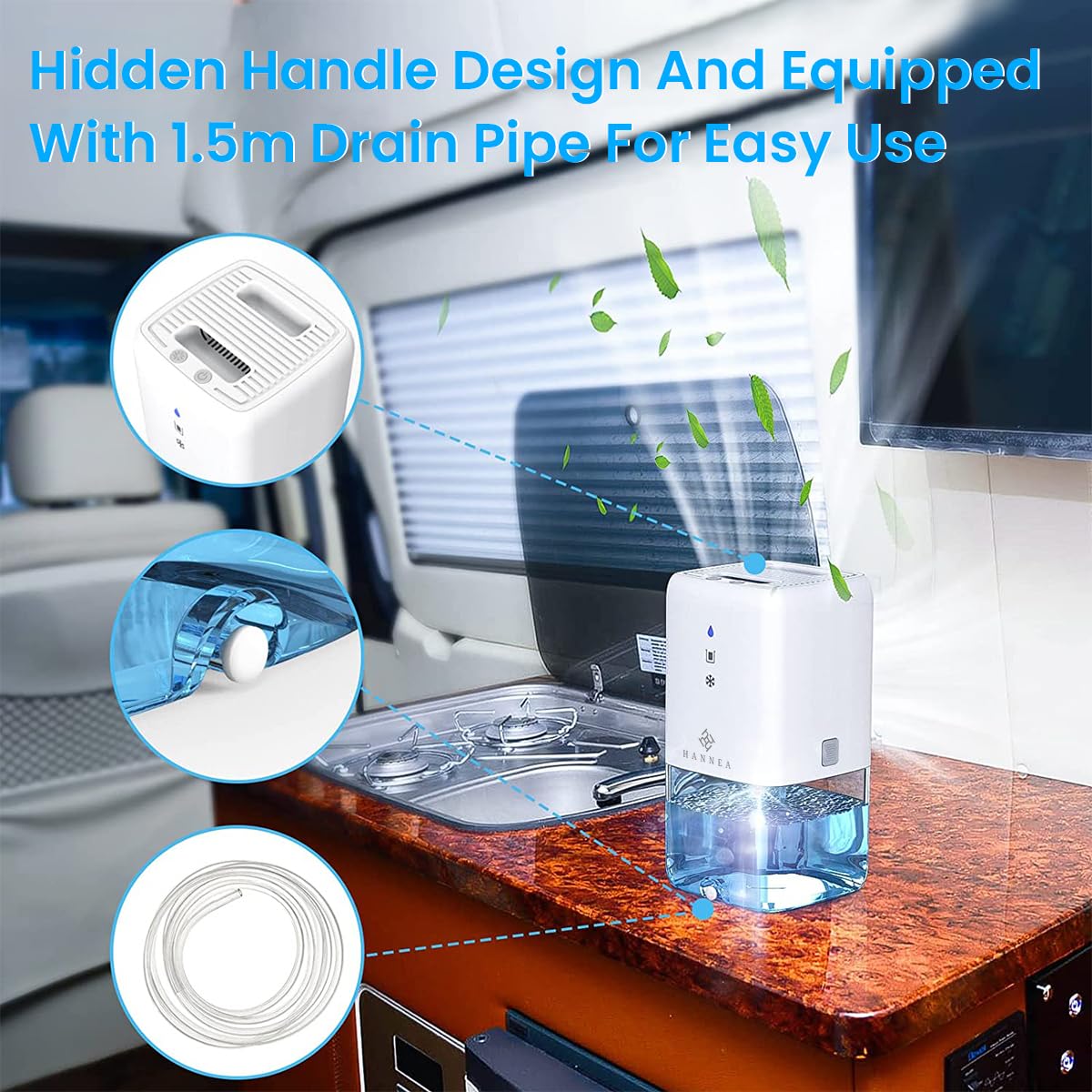 HANNEA Dehumidifier for Home and Bedroom with 1.2L Tank and Dual Drainage System | Quiet 40dB Operation