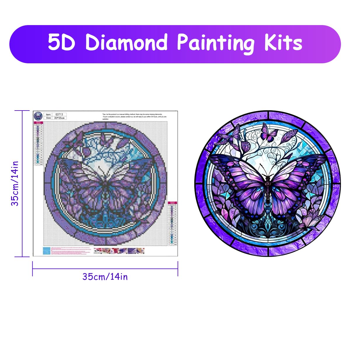 HASTHIP Butterfly 5D Diamond Painting Kit for DIY Wall Art with Tools Blue Purple 14x14 in 2 pcs