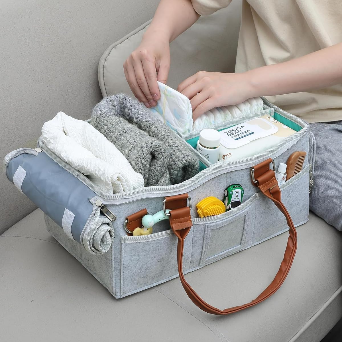 SNOWIE SOFT Baby Diaper Caddy Organizer for Newborn Essentials with 2 Inserts and Felt Design | Portable Grey Storage Basket
