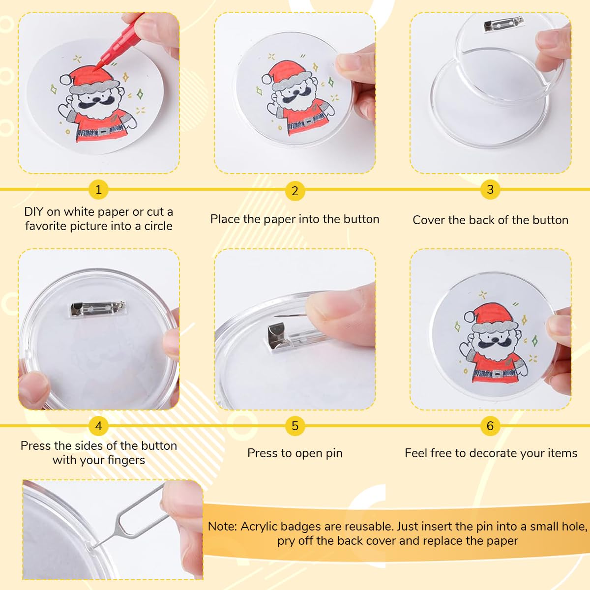 HASTHIP DIY Badges for Personalized Logo Design with Built In Pin Back | 10Pcs 75mm Transparent Covers