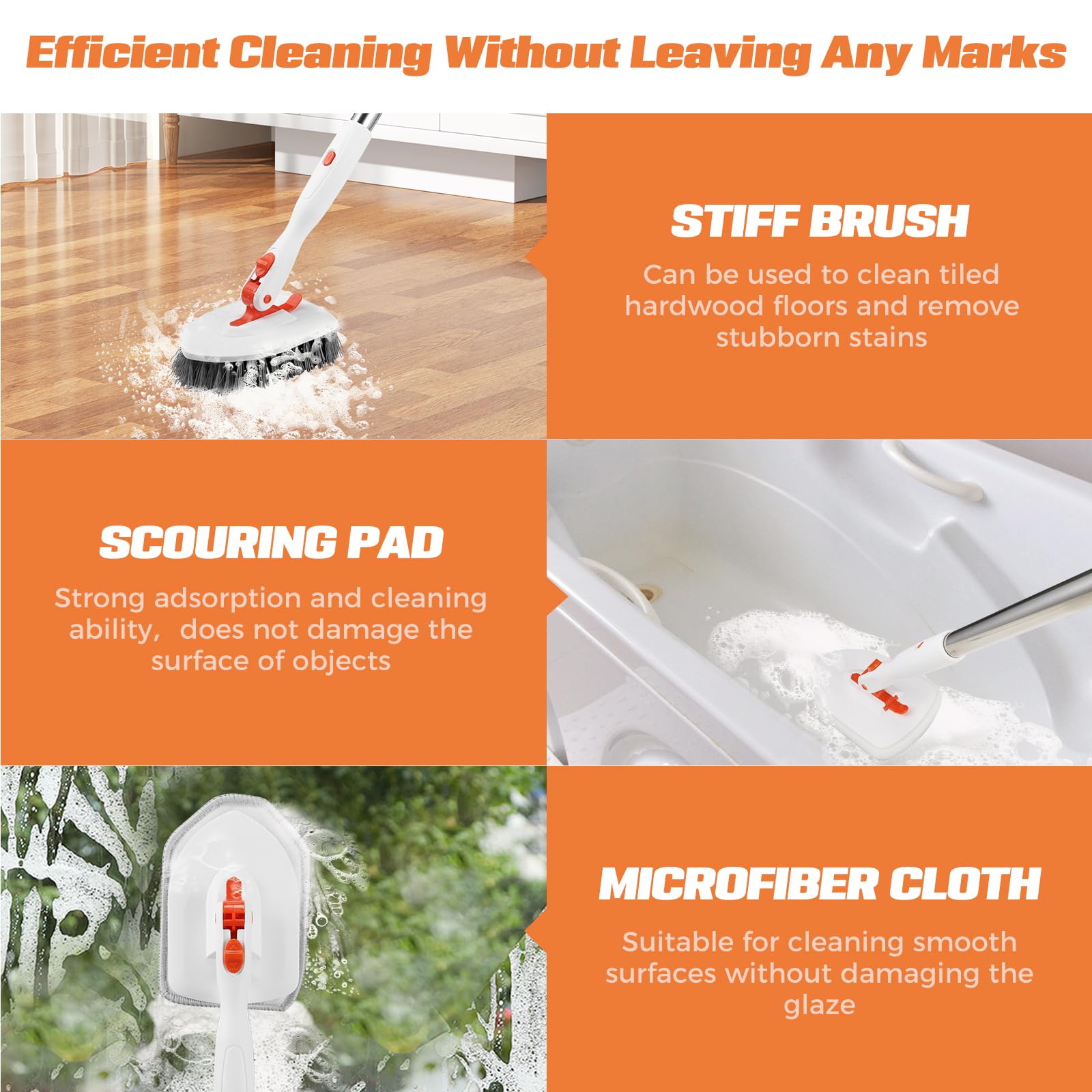 ZIBUYU Bathroom Cleaning Brush Kit for Tiles with 52 in Long Handle and 180° Swivel Head