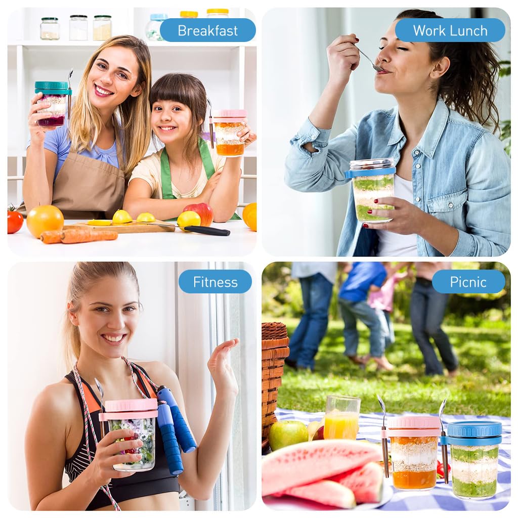 Supvox Overnight Oats Containers for Breakfast with 12oz Glass Jars and Anti Leak Lids | Set of 4