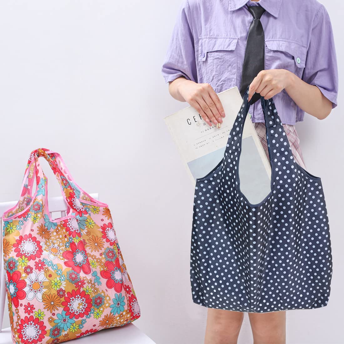 PALAY Reusable Shopping Bags for Grocery and Travel with Reinforced Handles | 2 Pcs 46×60cm Foldable Polyester Tote