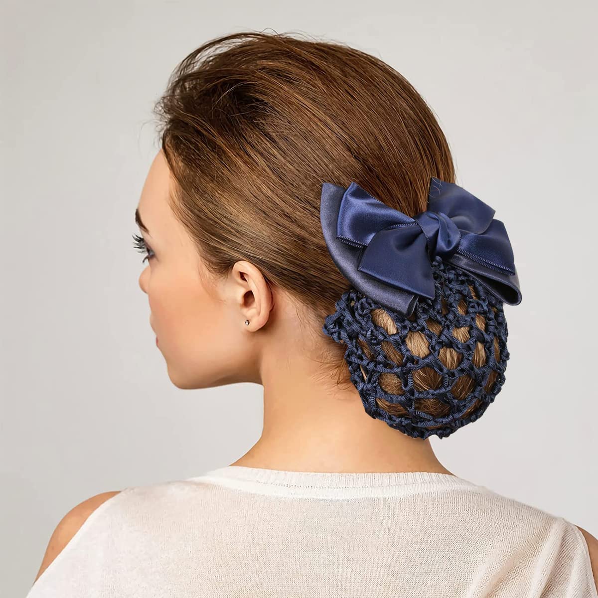 MAYCREATE Bow Hair Bun Net for Work and Dance featuring Alloy Spring Clip 10cm | Blue Snood Cover for Women