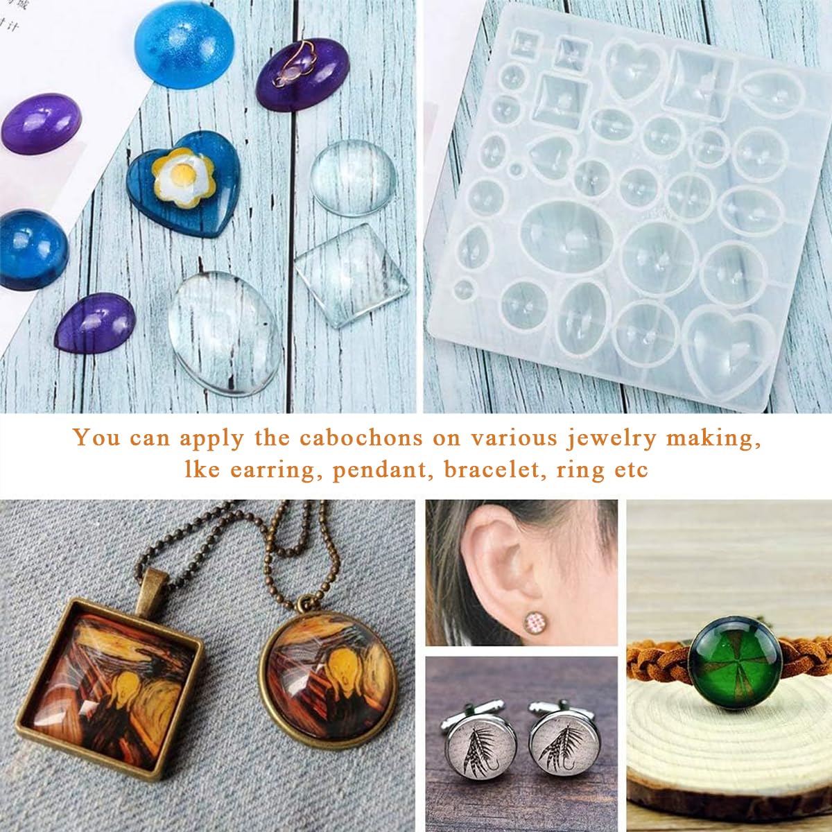 HASTHIP Pendant Trays Kit for DIY Jewelry Making with 48Pcs Moon Rotation Round Bezels | Includes Clear Glass Dome Tiles and Silicone Molds