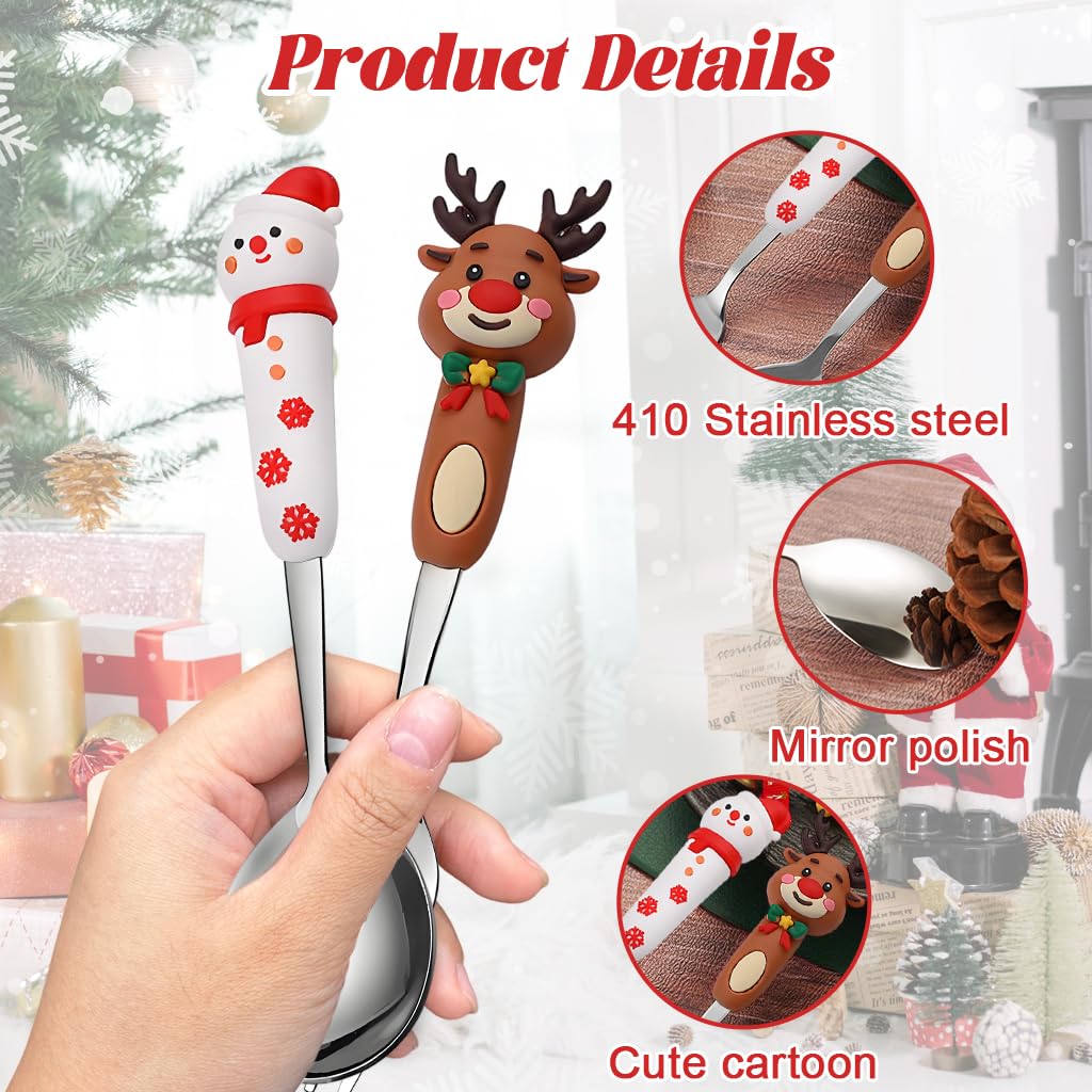 HASTHIP Christmas Spoon and Fork Set 2PCS for Holiday Dining with Elk and Snowman Toppers | Stainless Steel Silver Flatware Gift Box