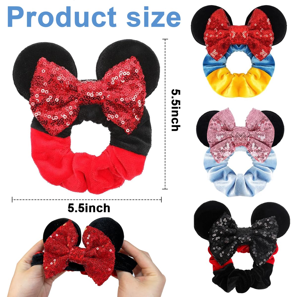 PALAY Girls Scrunchies for Ponytails with Sequin Bow and Mickey Ears 4pcs | Soft Flannelette Elastic Hair Ties