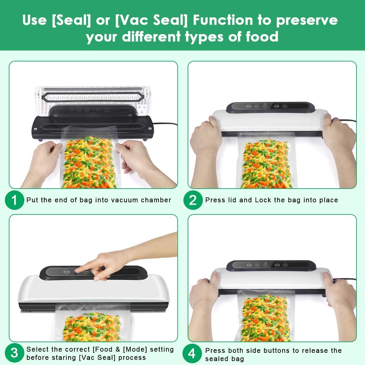 Supvox Vacuum Sealer Machine for Food Storage with Built-in Cutter and 10 Bags | 65kPa Powerful Suction